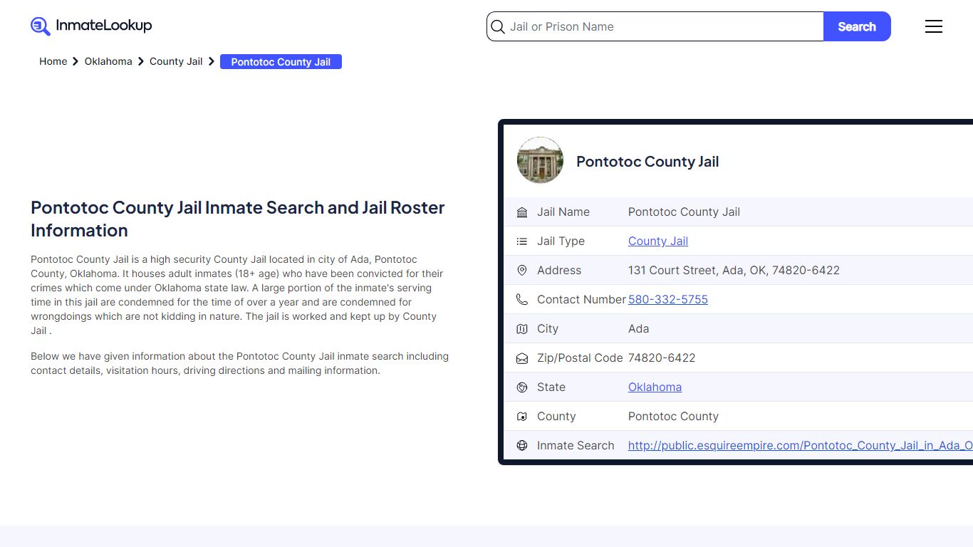 Pontotoc County Jail Inmate Search and Jail Roster Information